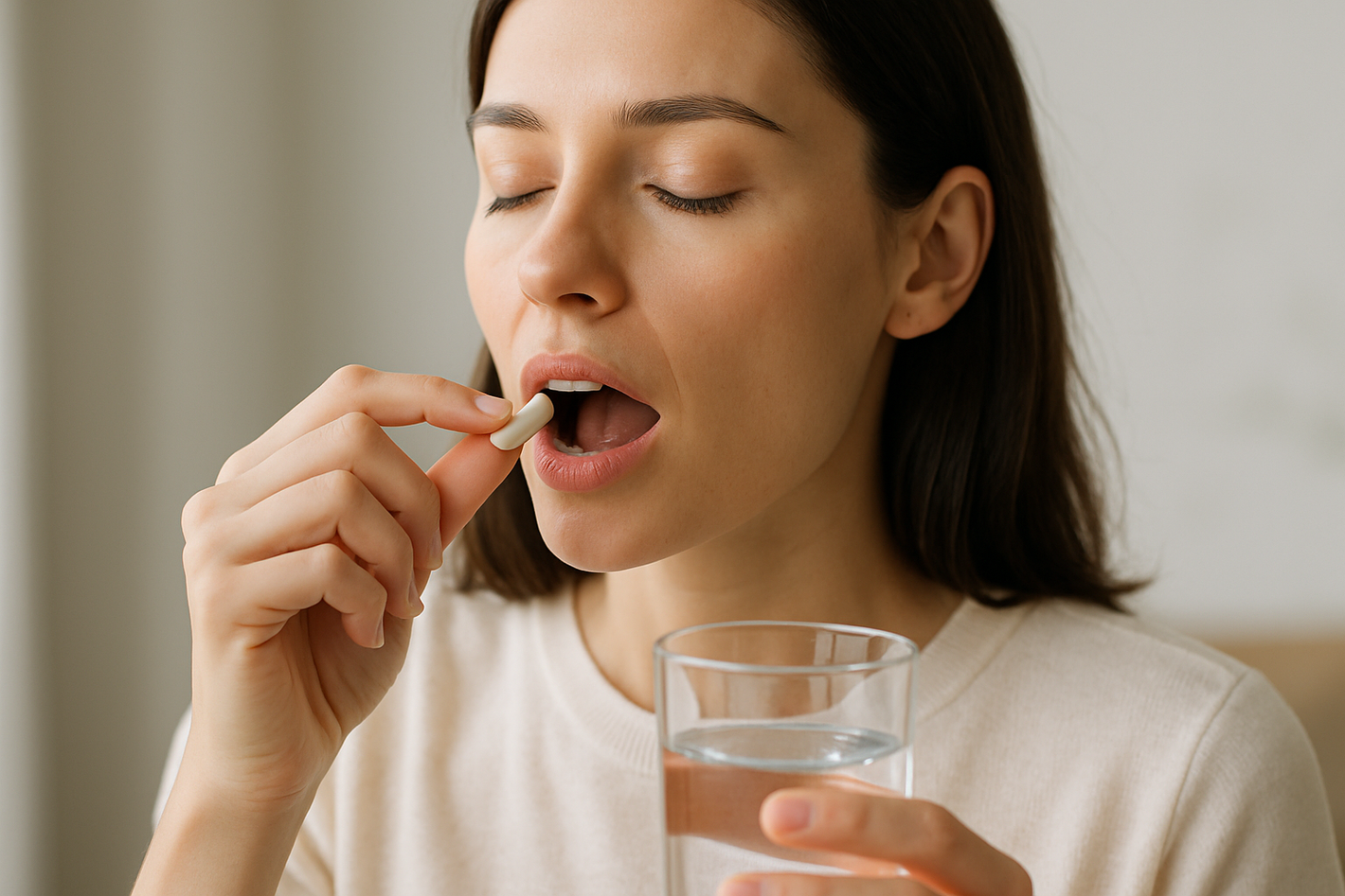 Mujer con celulitis tomando una gragea